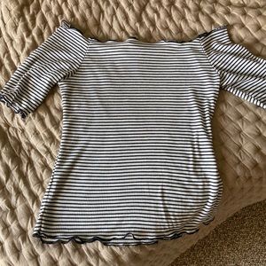 Caution to the Wind off should stripe shirt